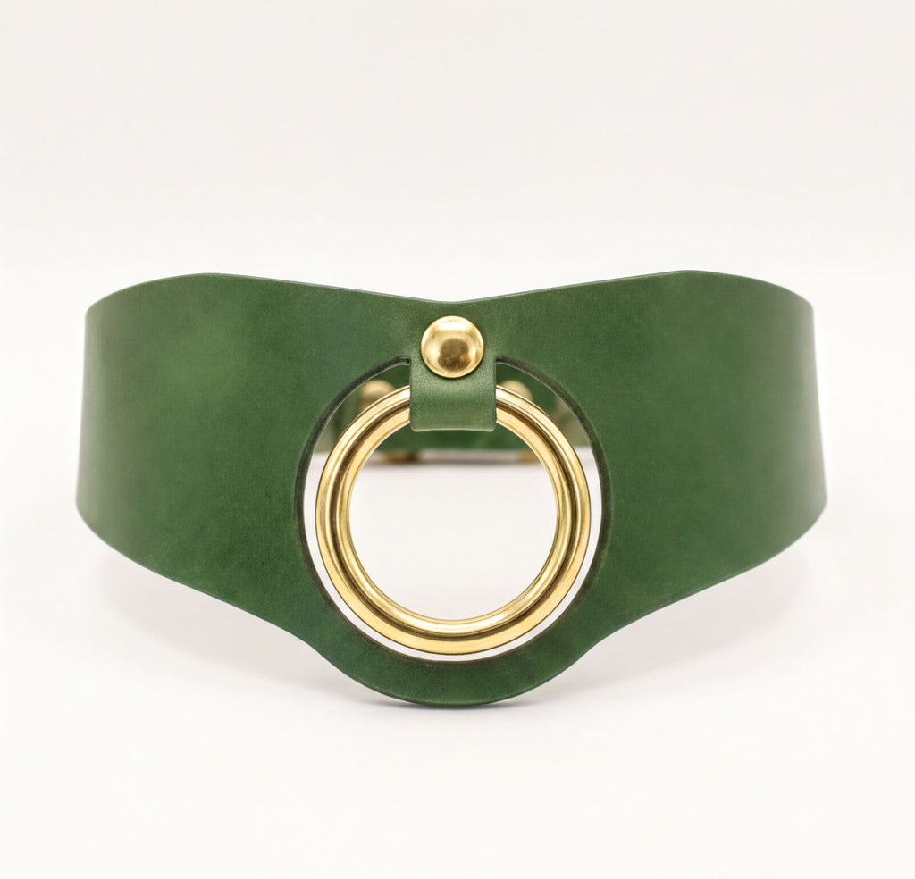 A green leather choker necklace with a gold circular buckle.