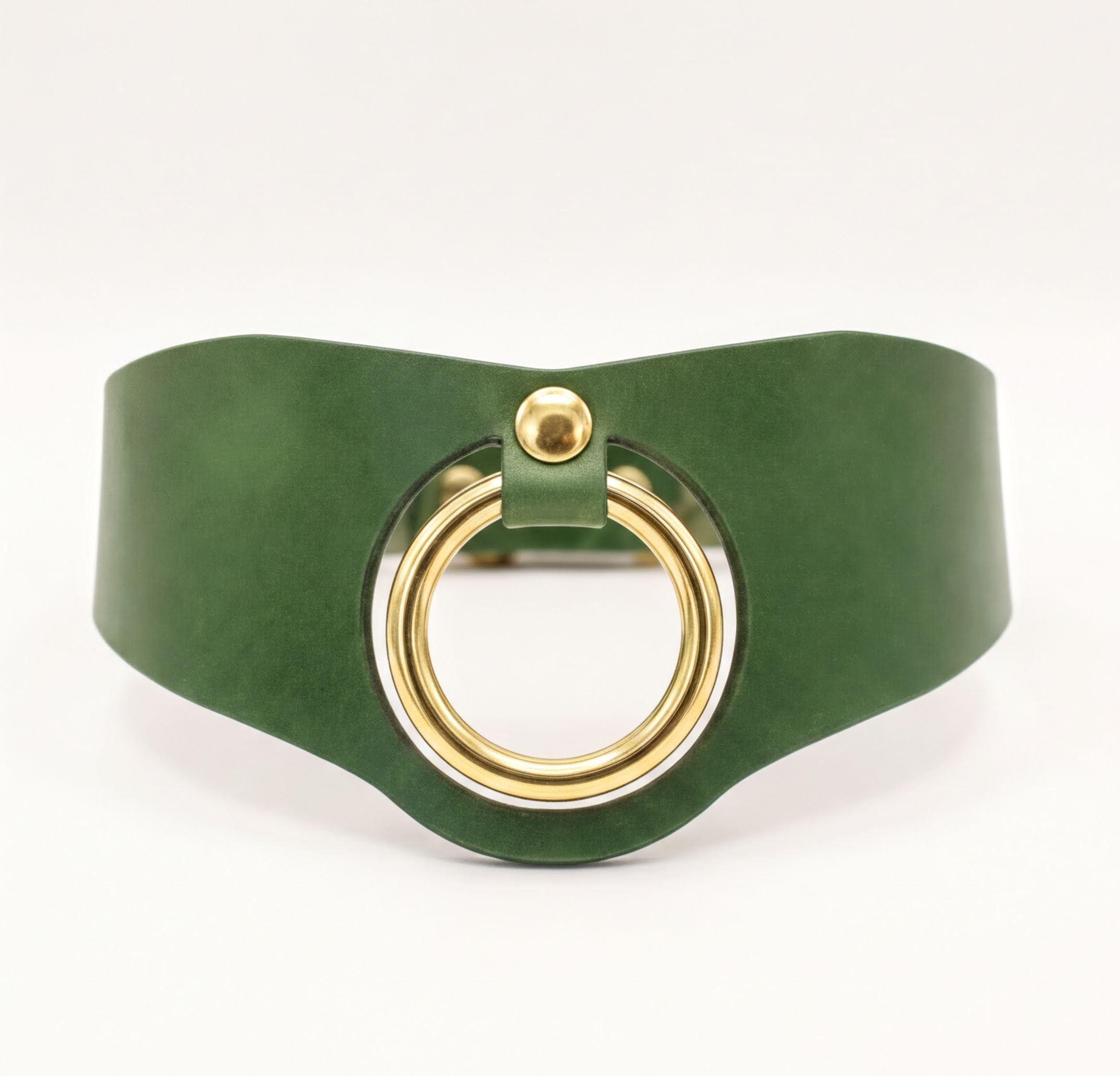 A green leather choker necklace with a gold circular buckle.