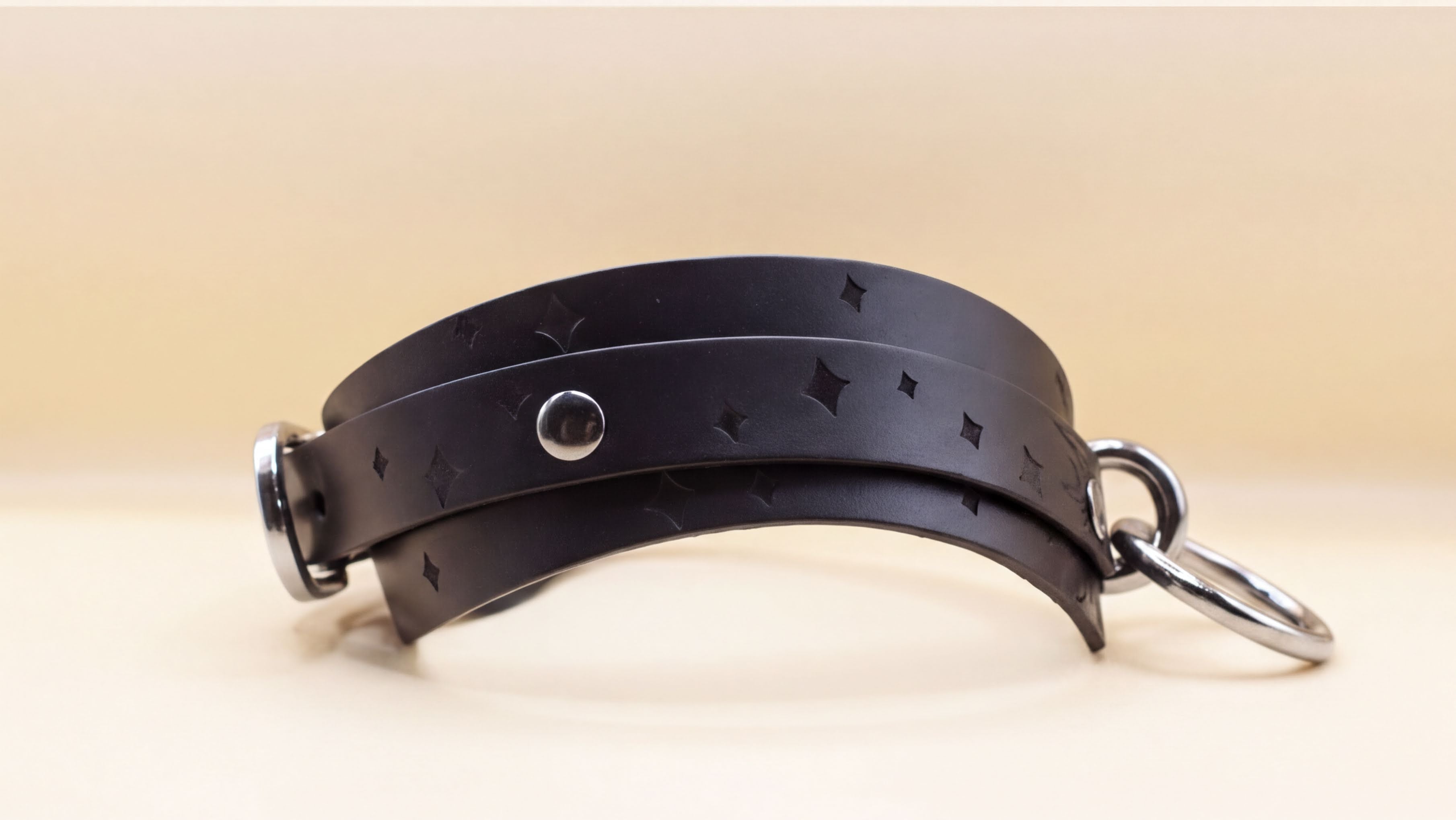 A black leather choker necklace with metal rings and a metal buckle.