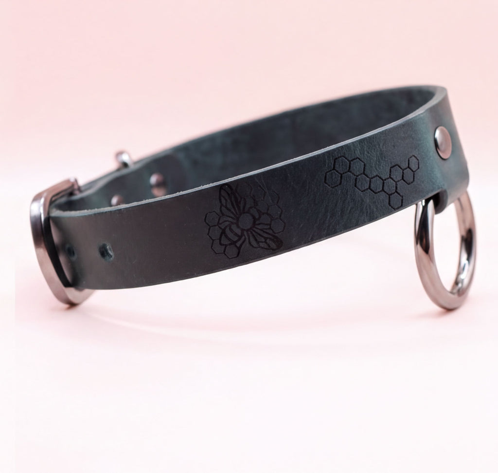 A black leather dog collar with a metal buckle and two circular holes.