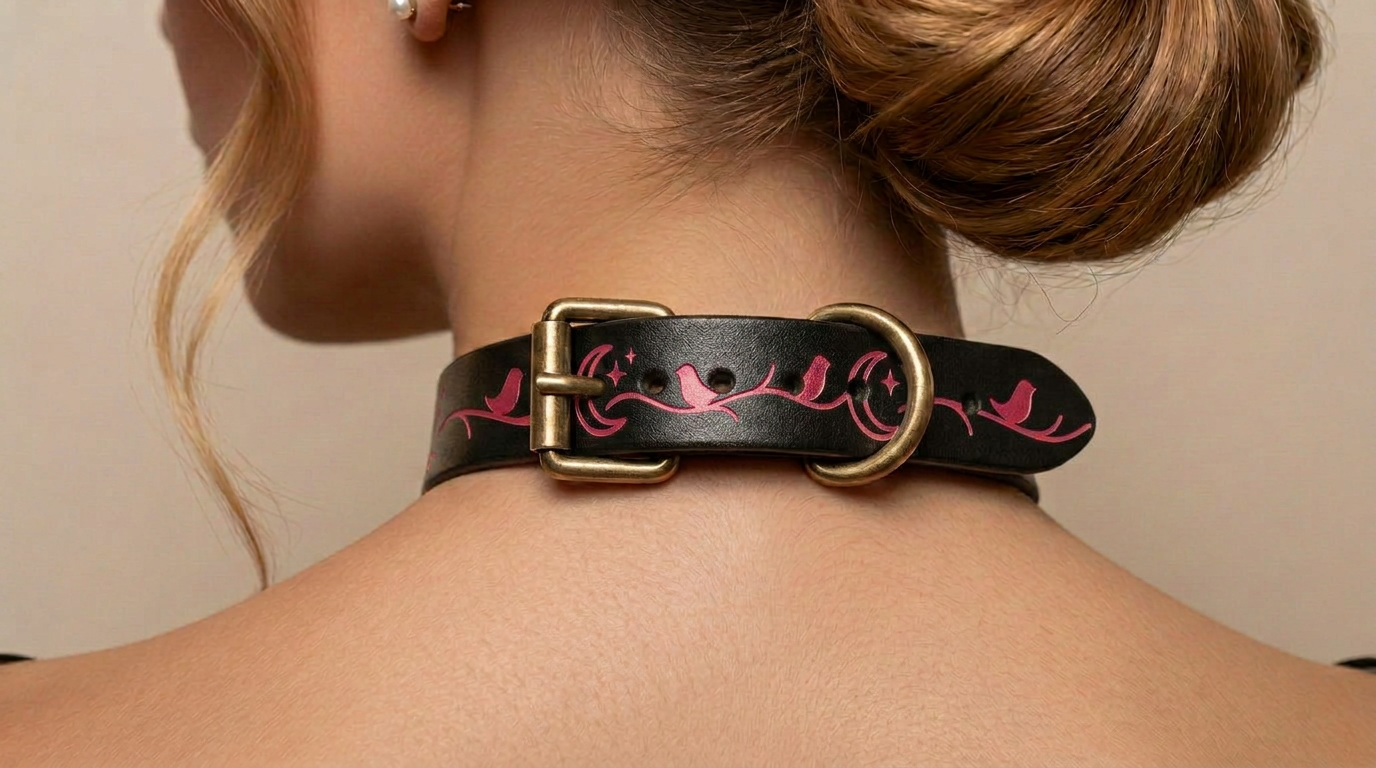 A close-up view of a woman's neck and chin area, focusing on a black leather choker necklace with a decorative metal buckle.