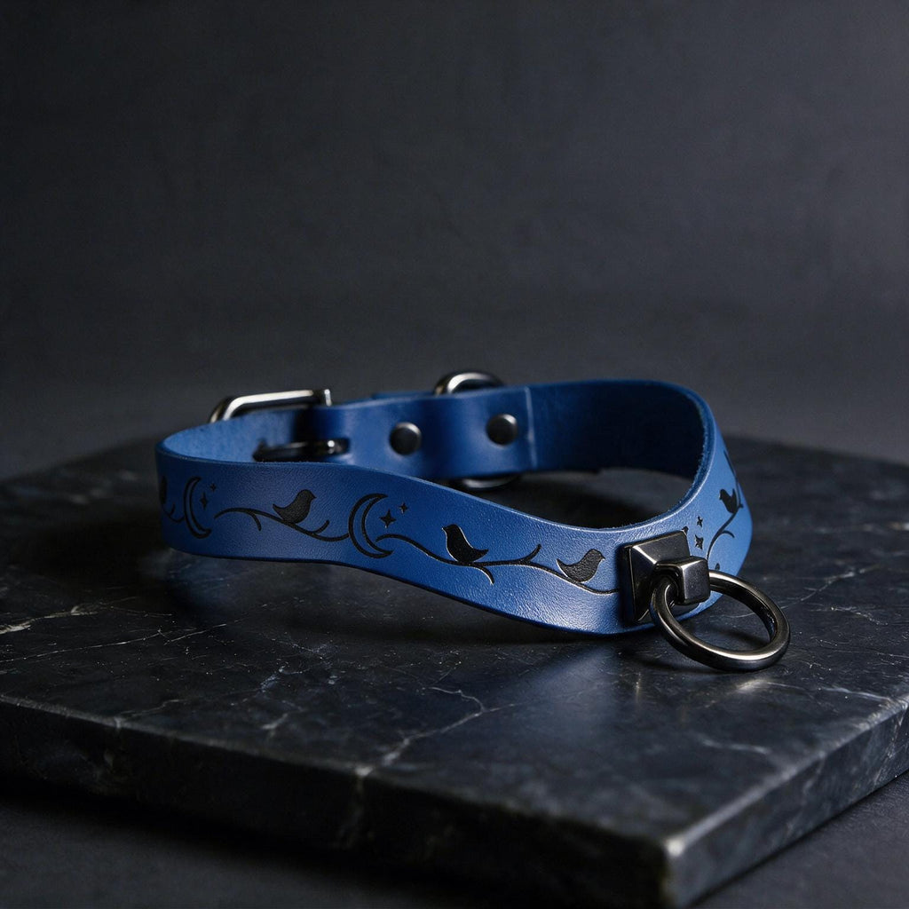 A blue leather collar with a moon and star design, featuring a metal ring and buckle, is displayed on a dark surface.