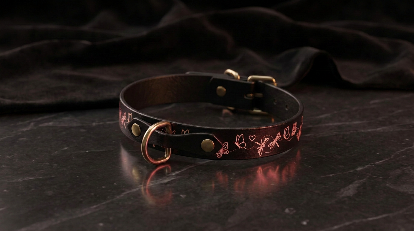 A black leather collar with a gold-colored buckle and a floral design on the strap is displayed on a dark surface.