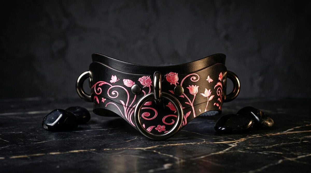 A black leather collar with pink floral designs and two black gemstones is displayed on a dark surface.