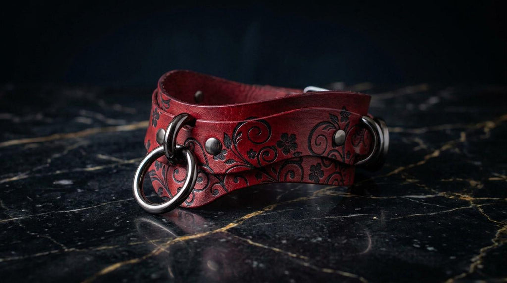 A red leather choker necklace with a floral pattern and metal rings is displayed on a black marble surface.