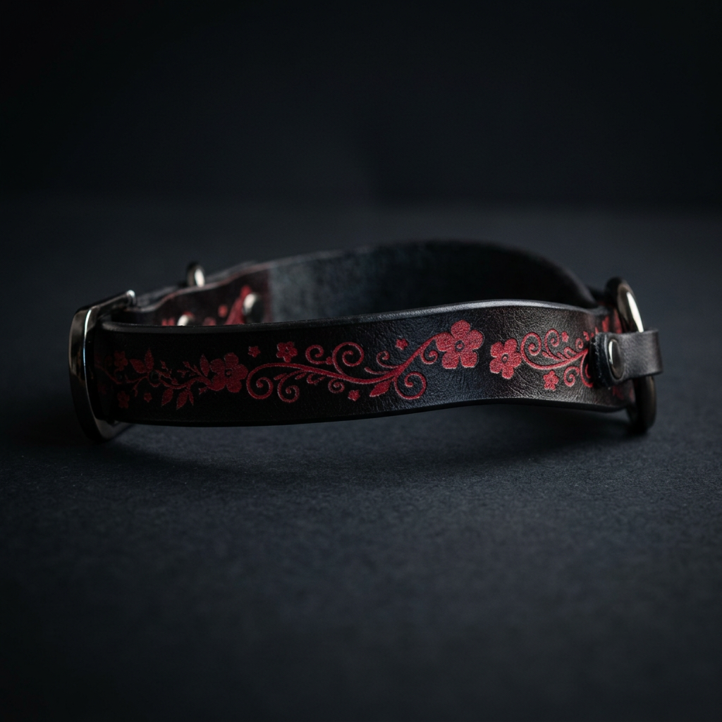 A black leather dog collar with a red floral design on it.