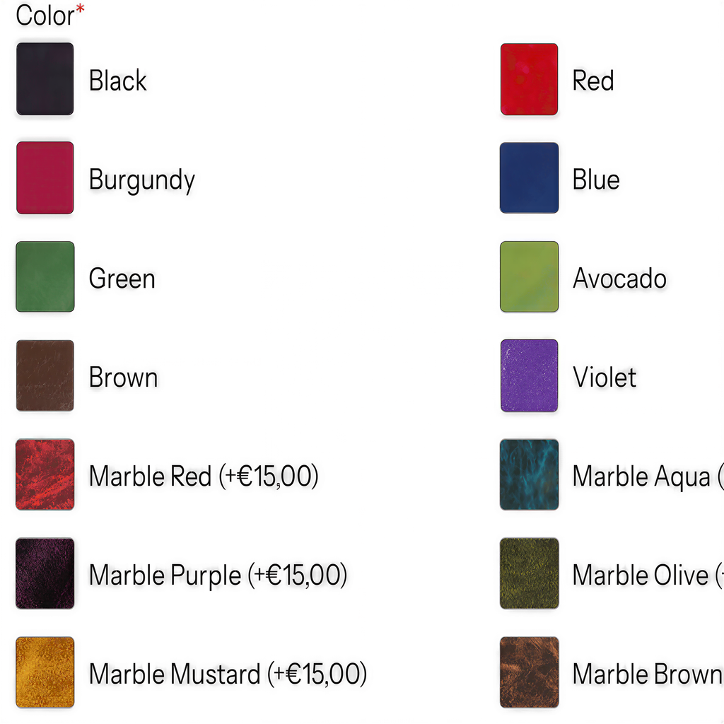 a collection of color swatches, each representing a different color, including black, burgundy, green, brown, blue, avocado, purple, maroon, maroon red, maroon blue, maroon aqua, maroon purple, maroon olive, and maroon mustard.