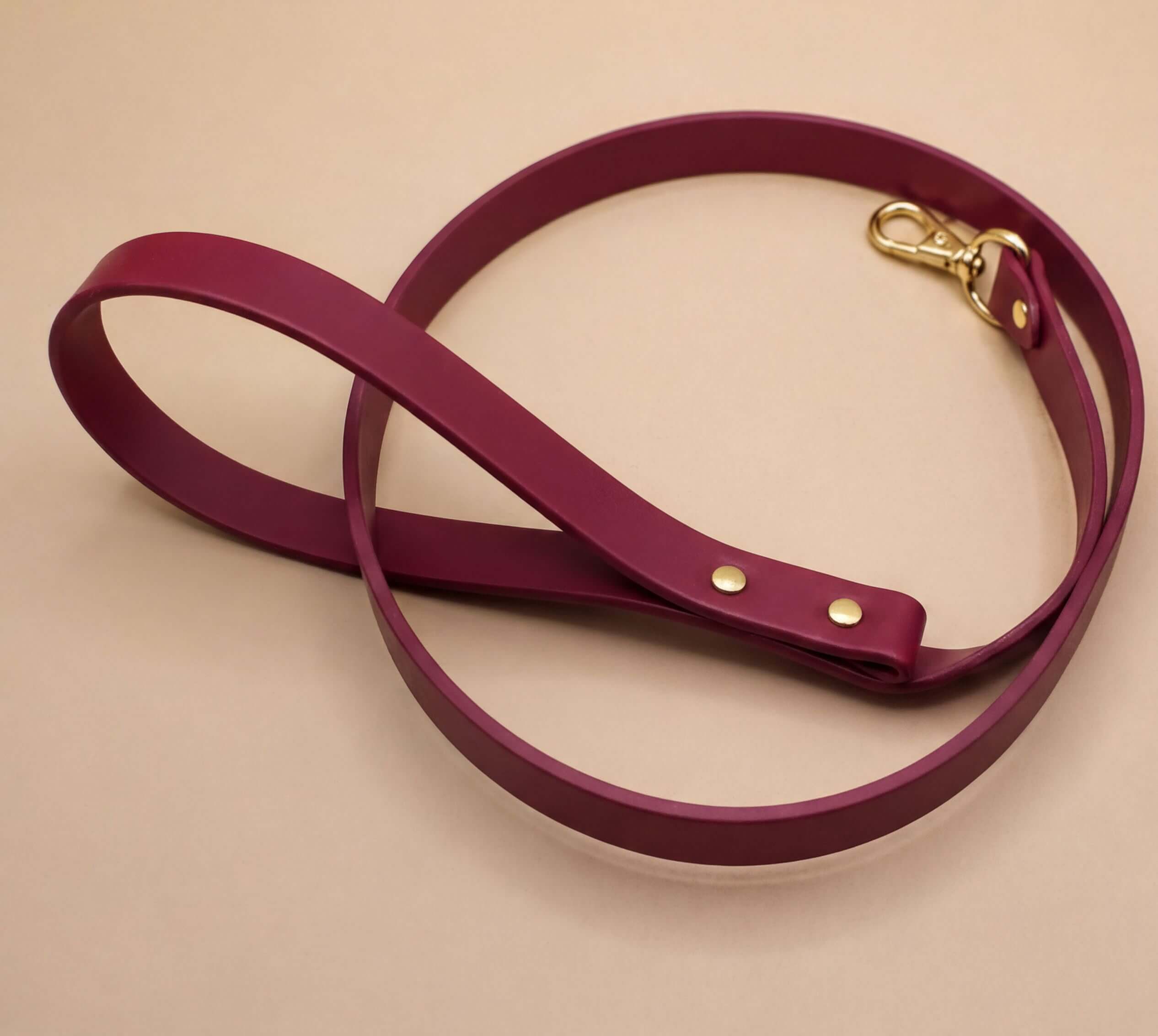 A burgundy leash with a gold buckle is shown on a beige background.
