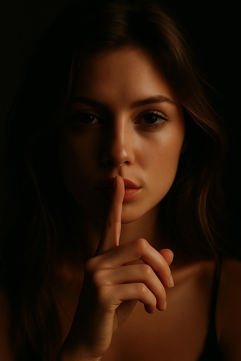 A woman holding a finger to her lips in a dark setting, symbolizing secrecy and intimacy.