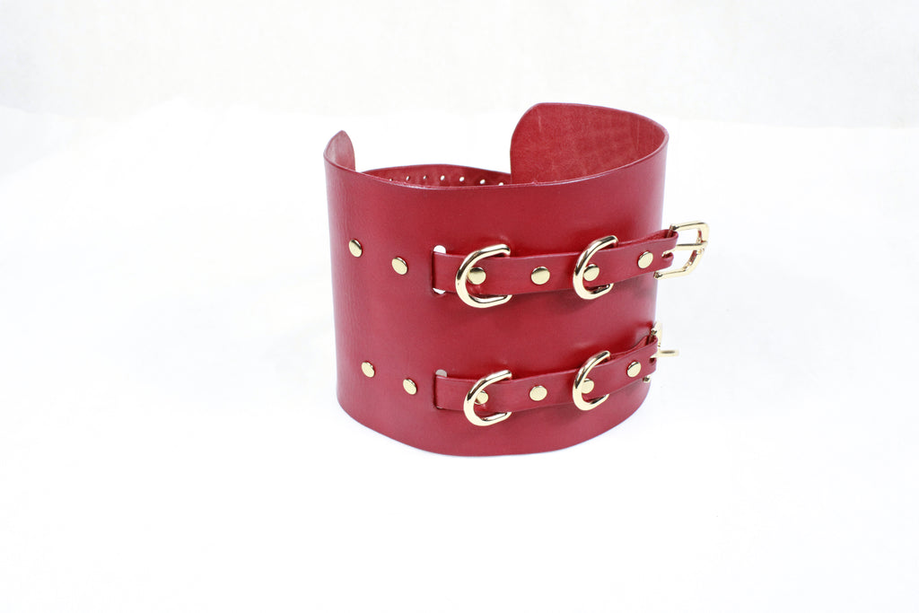 Bondage Cuffs Wide Red Leather Submissive Wrist Restraints BDSM