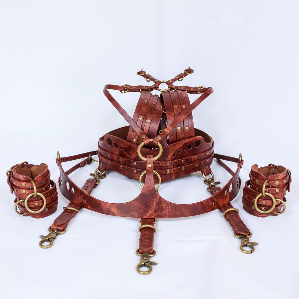 A leather strap with multiple buckles and straps, likely used for BDSM or BDSM-related accessories.