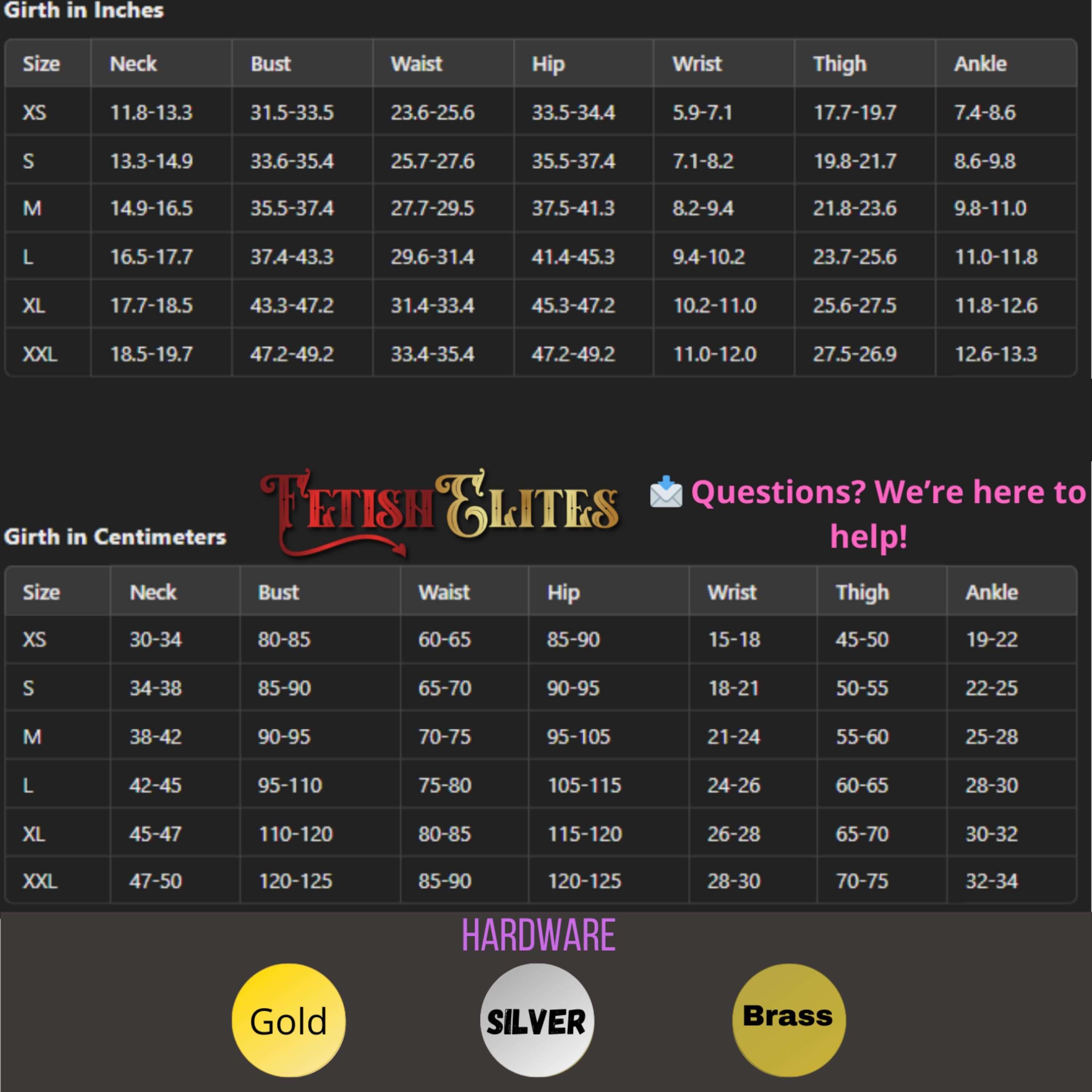 The image is a detailed size chart for a clothing brand, providing measurements for various sizes such as XS, S, M, L, and XL. The chart includes labels for the bust, waist, hip, wrist, thigh, and ankle measurements, as well as the corresponding girth in inches. The chart also includes a section titled "Girth in Centimeters" and a section titled "Hardware" with gold, silver, and brass colors.