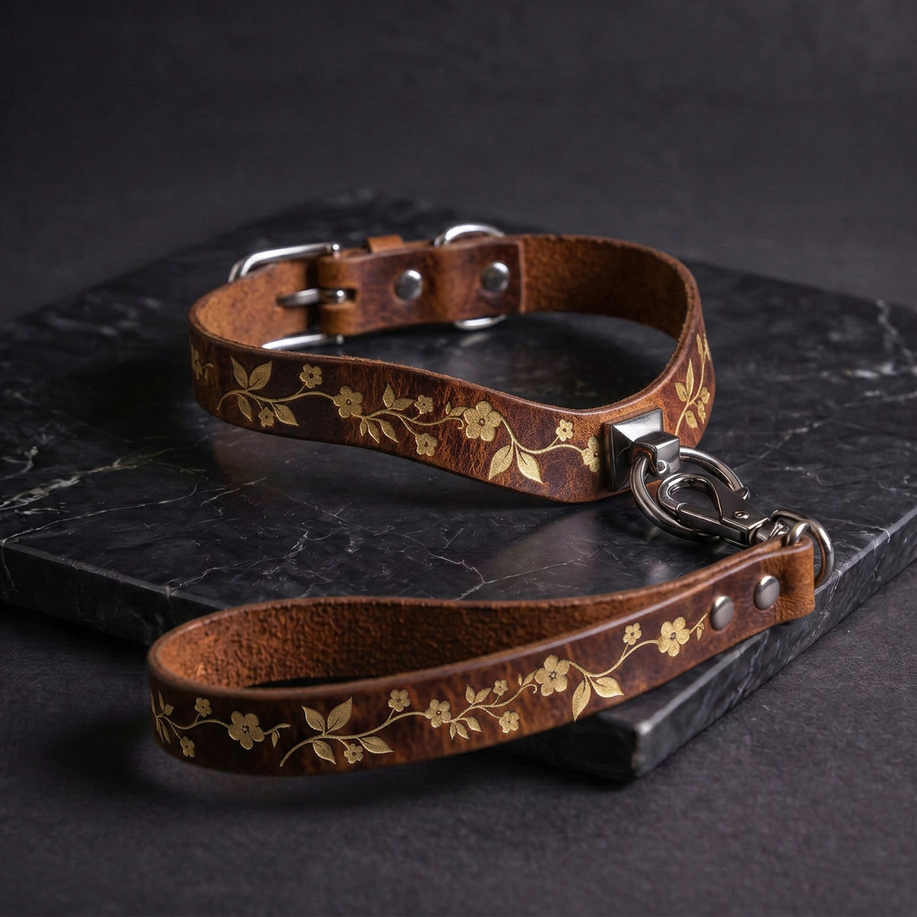 A brown leather collar with a floral pattern and a matching leash attached to it, resting on a black marble surface.