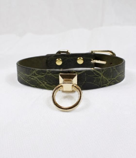 A black leather choker collar with a gold-colored metal ring and buckle.