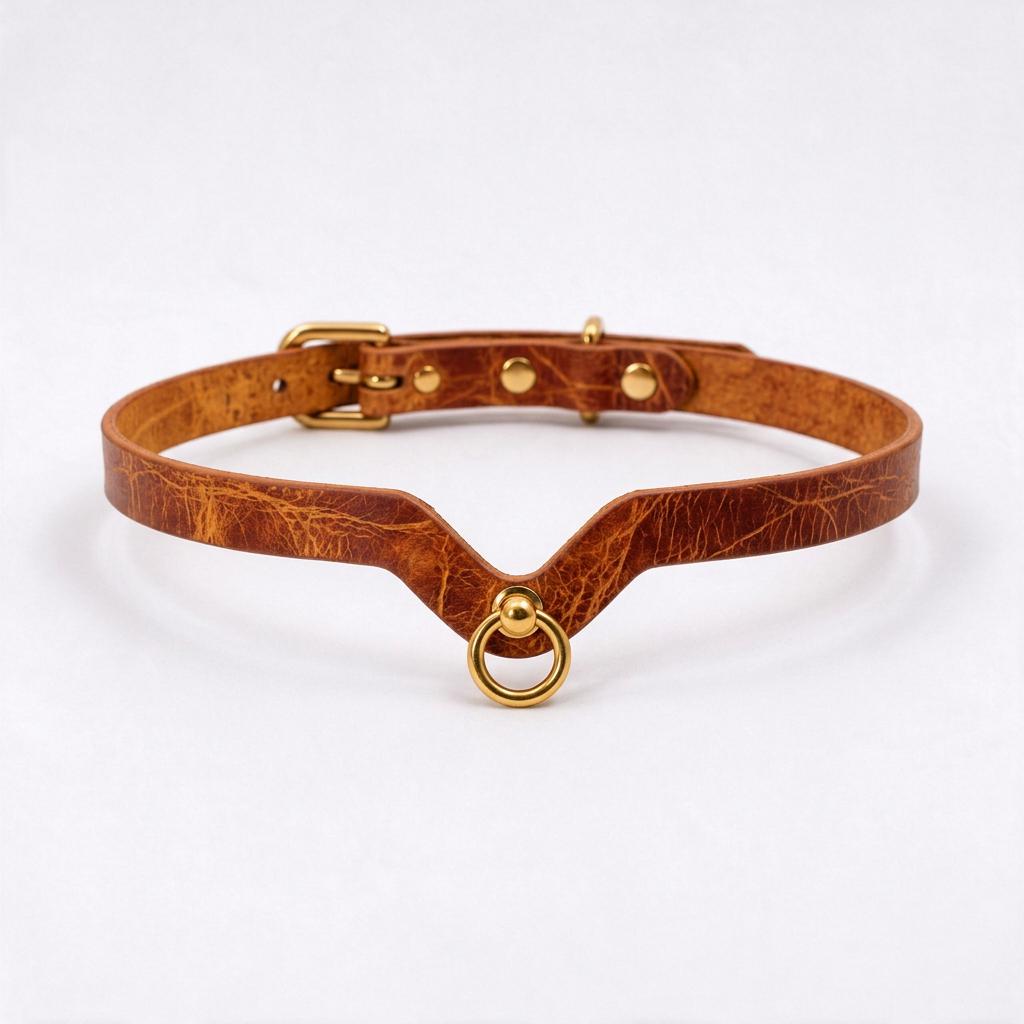 A brown leather choker collar with a gold-colored buckle and ring.