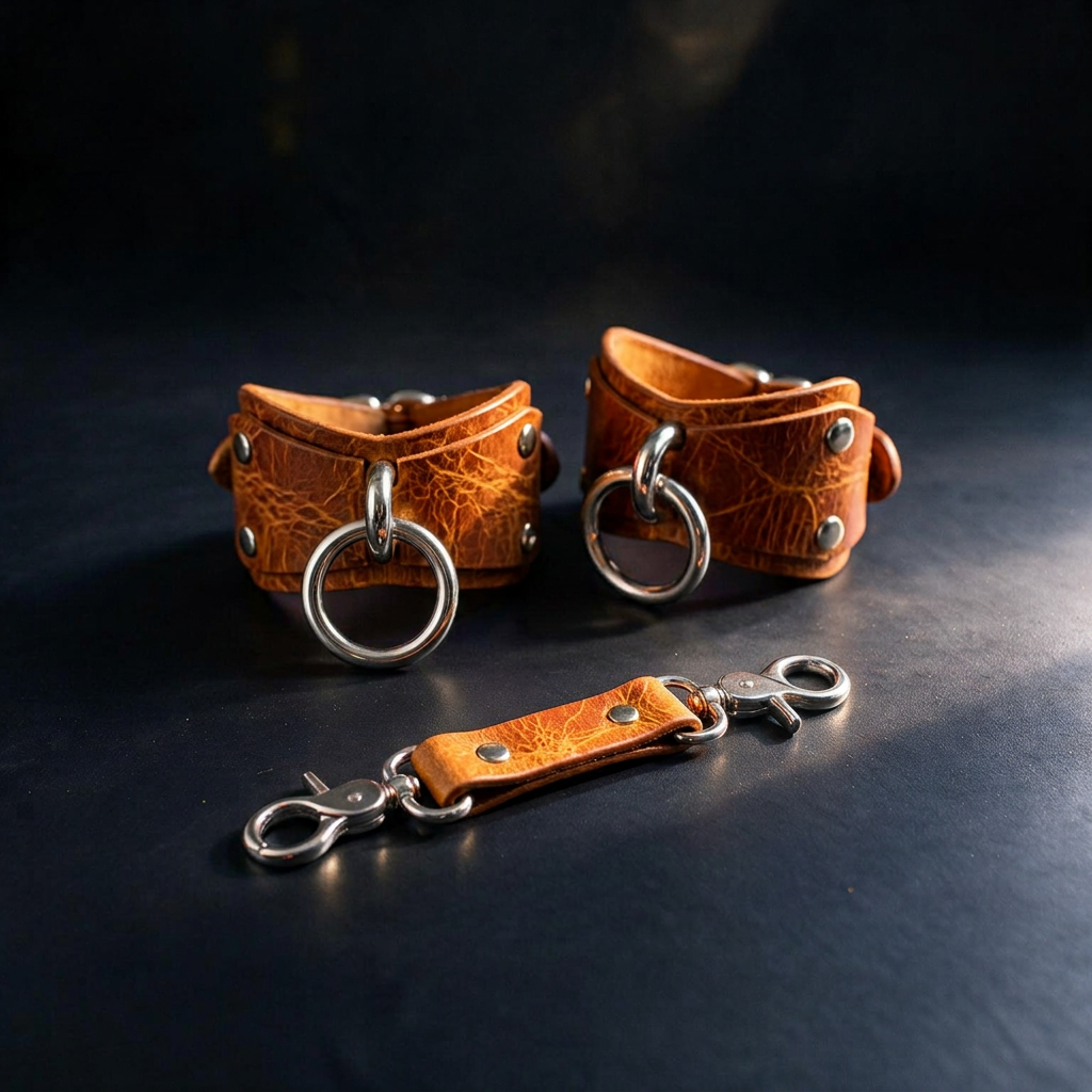 a pair of leather straps with metal rings and a leather strap with metal rings, all placed on a dark surface.