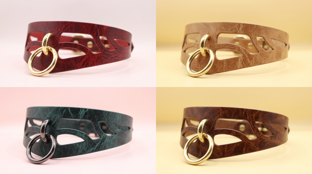 The image is a collage of four photos showing different colored leather choker necklaces with metal rings.