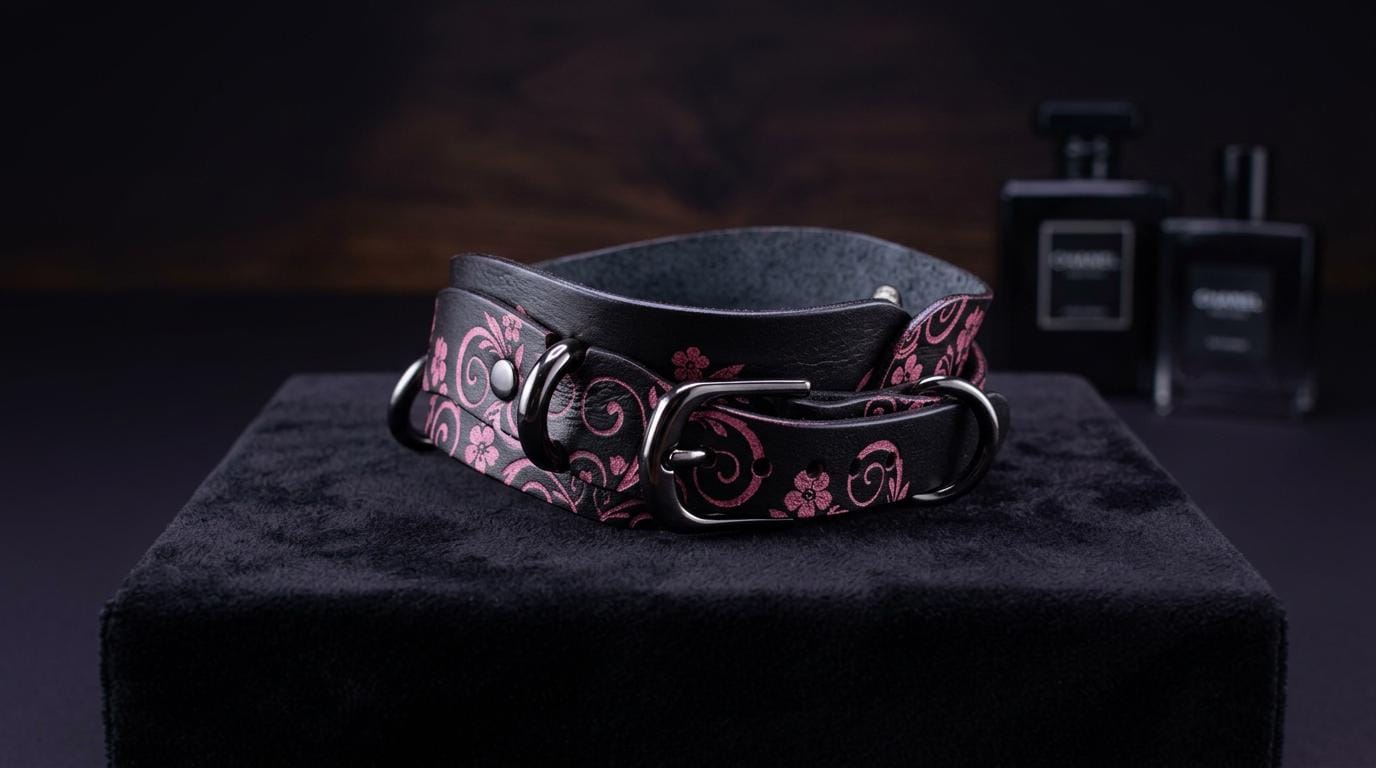 A black leather belt with a floral pattern is displayed on a black velvet background, with two perfume bottles visible in the background.