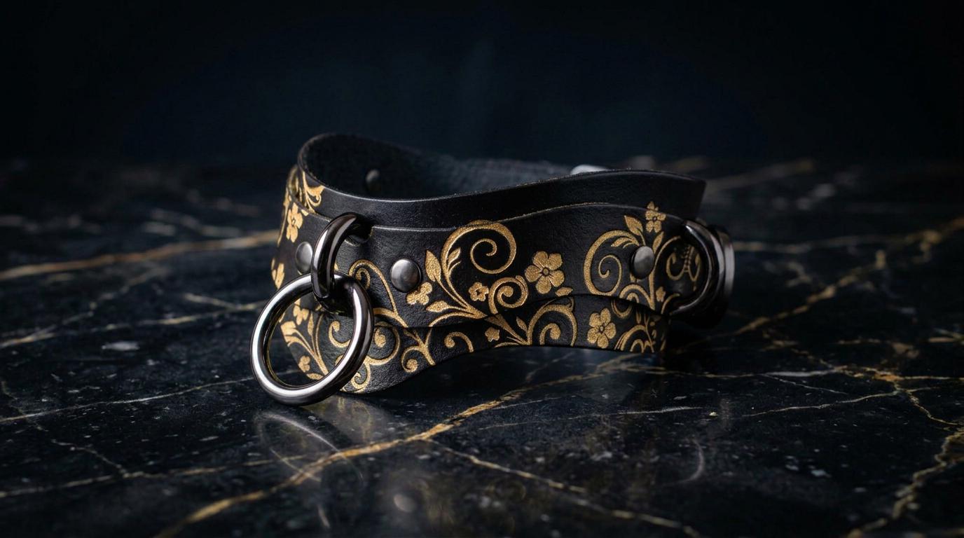 A black leather choker necklace with gold floral designs and metal rings is displayed on a black marble surface.