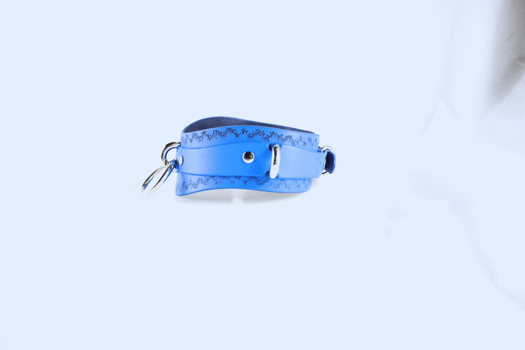 Floral Vine Posture Collar Discreet Leather Choker with O-Ring in blue leather featuring floral vine design.