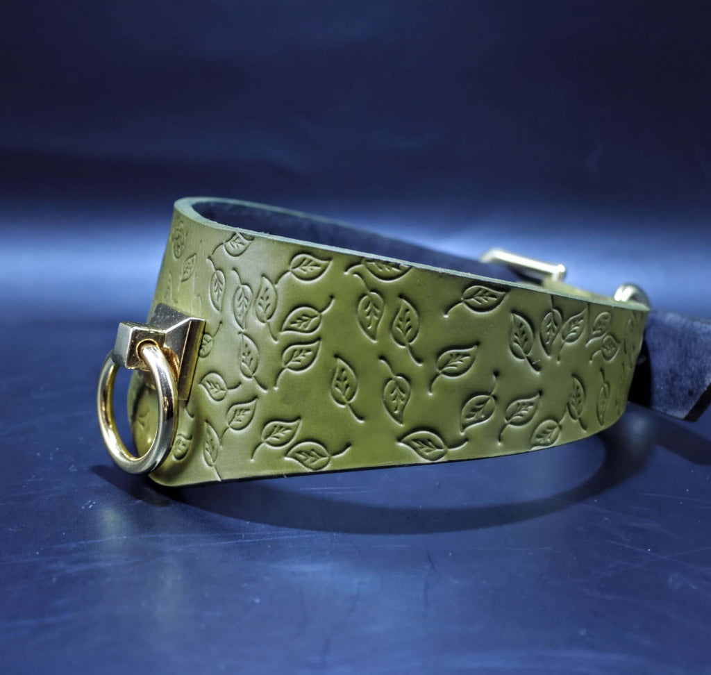 A green leather collar with a leaf pattern embossed on it, featuring a gold-colored metal ring and buckle.