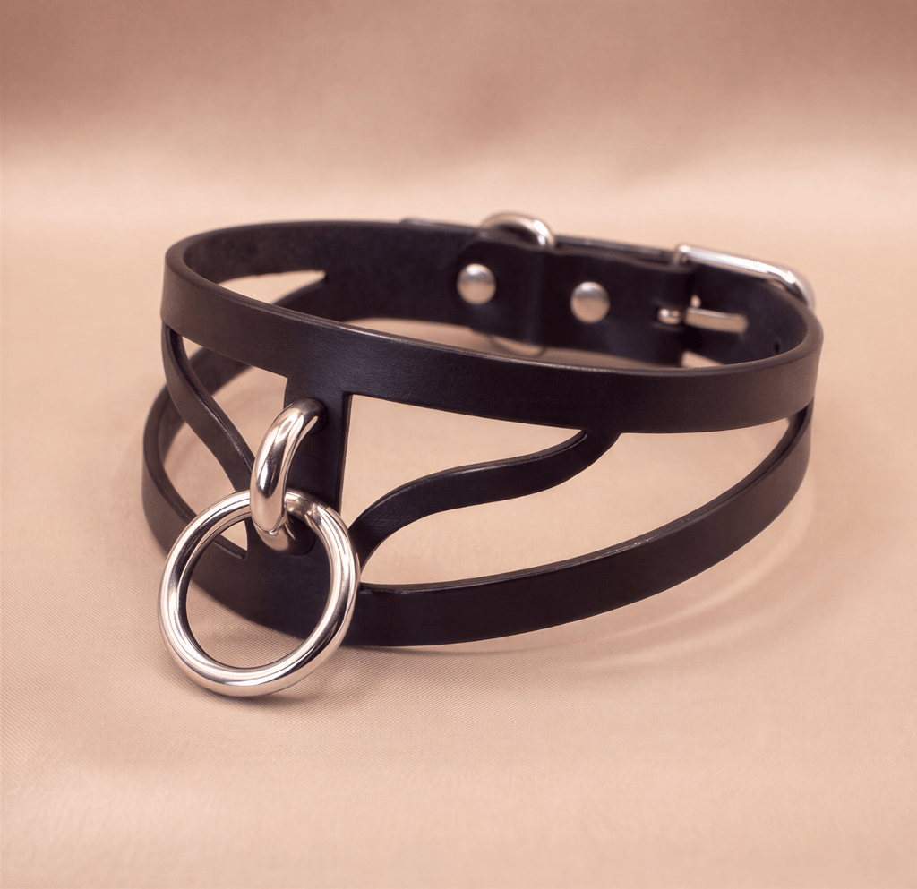 A black leather choker necklace with a silver ring and buckle.