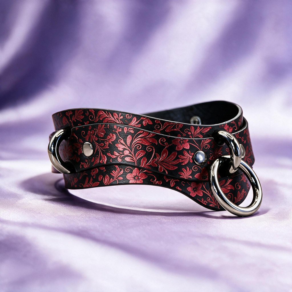 A decorative leather belt with a floral pattern and metal rings, resting on a purple background.