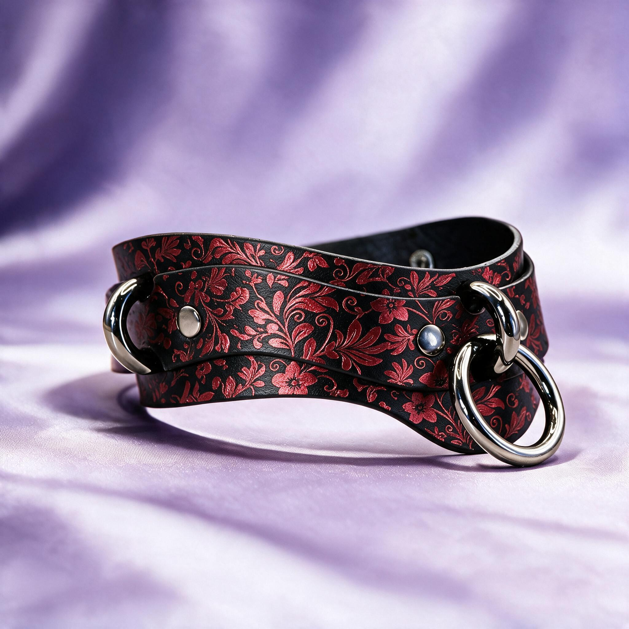 A decorative leather belt with a floral pattern and metal rings, resting on a purple background.