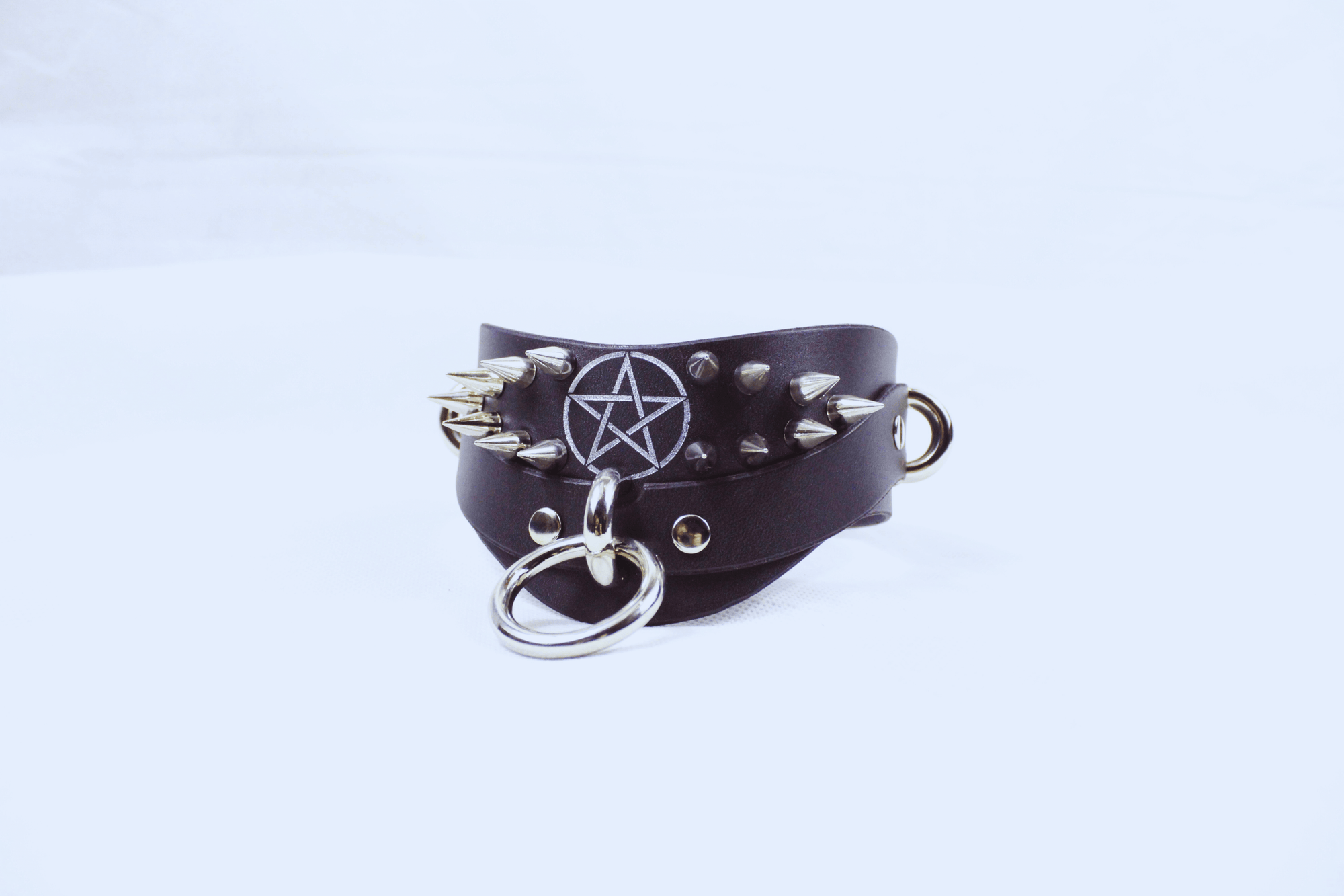 Pentagram BDSM Collar with silver spikes and leather design, perfect for gothic and submissive styles.