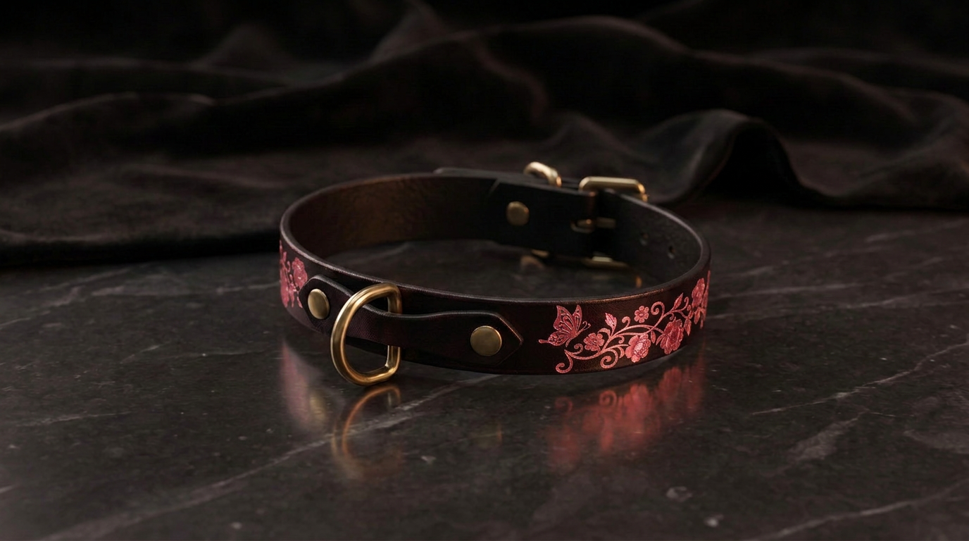 A black leather collar with a floral design and a gold buckle is displayed on a dark surface.