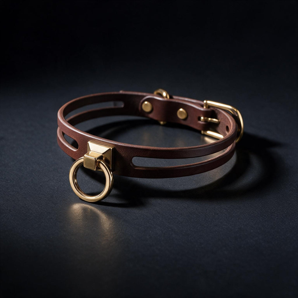 A brown leather collar with a gold-colored metal ring and buckle, displayed on a dark background.