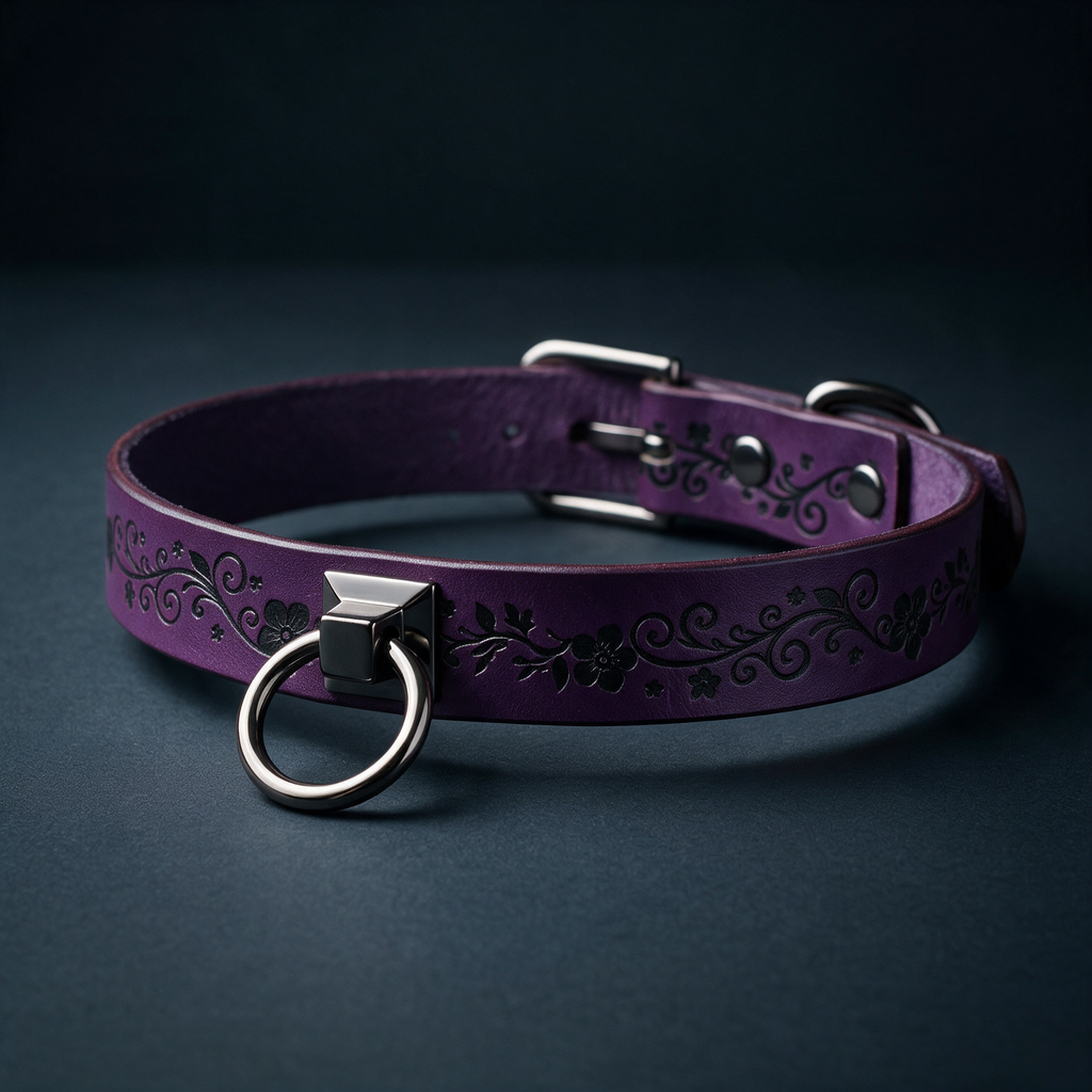 A purple leather collar with a metal ring and decorative floral patterns on the surface.