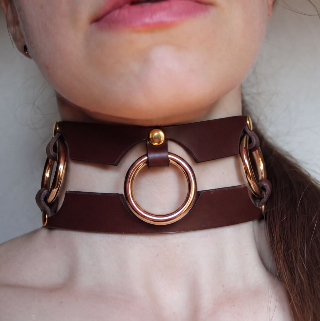 A close-up of a person's neck and chin wearing a brown leather choker necklace with three circular rings.