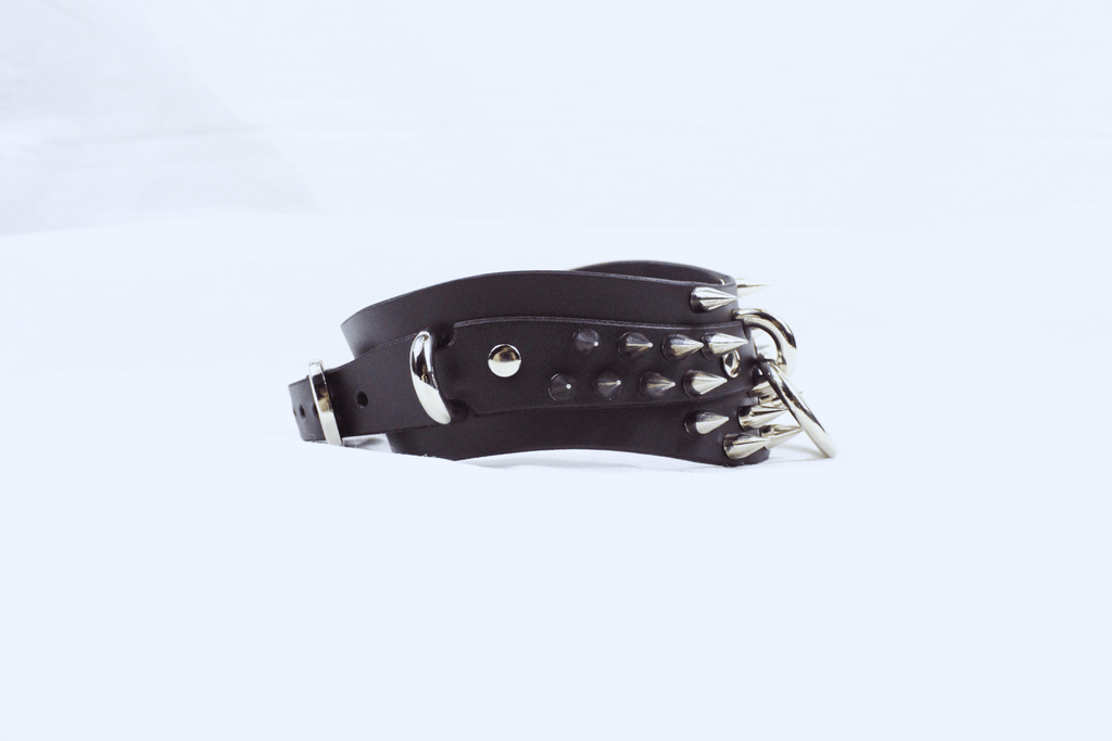 Spiked Posture BDSM Collar – Gothic Submissive Choker with O-Rings featuring spikes and silver accents.