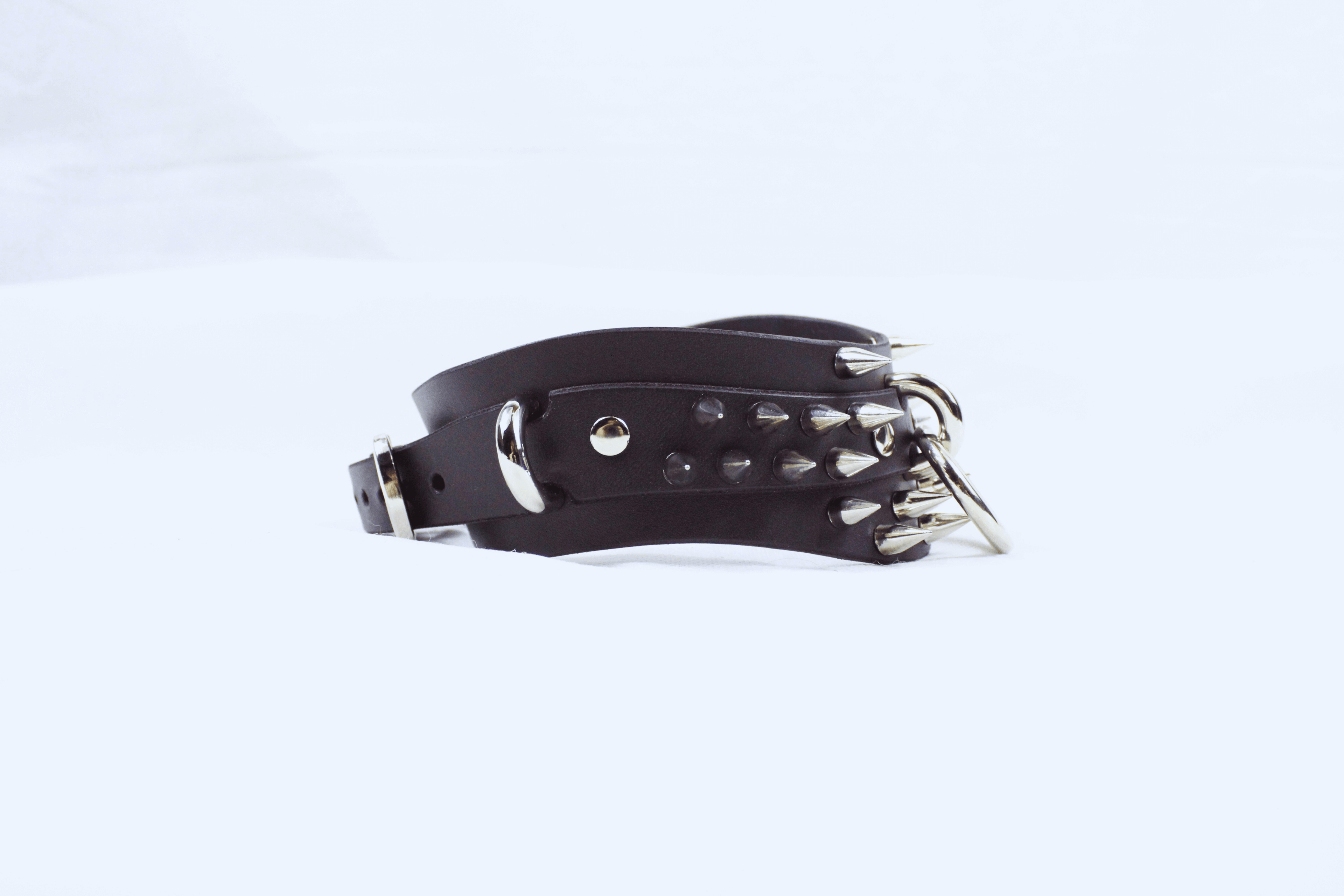 Spiked Posture BDSM Collar – Gothic Submissive Choker with O-Rings featuring spikes and silver accents.