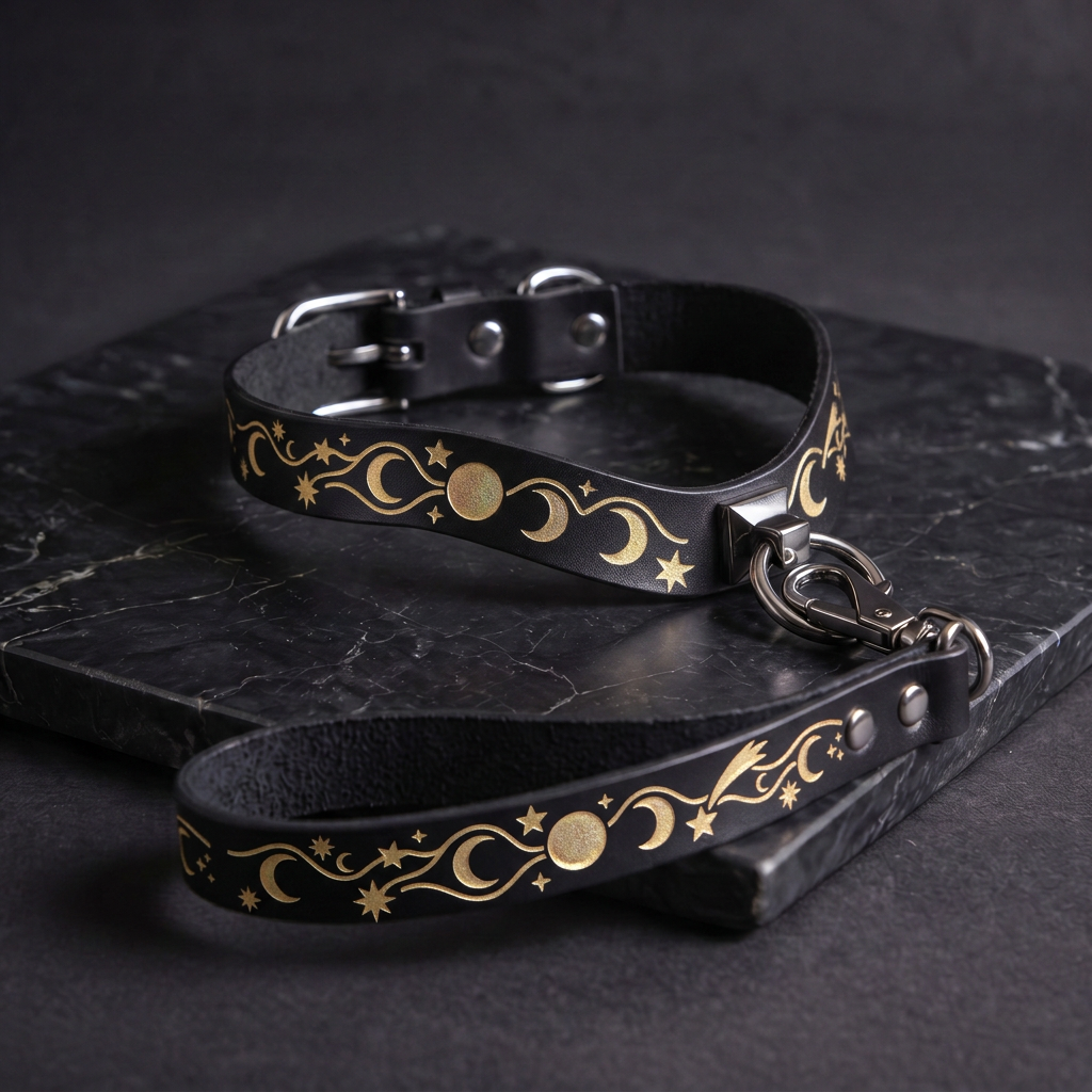 A black leather collar with gold star and crescent designs, and a matching black leather leash with gold star and crescent designs, both resting on a black marble surface.