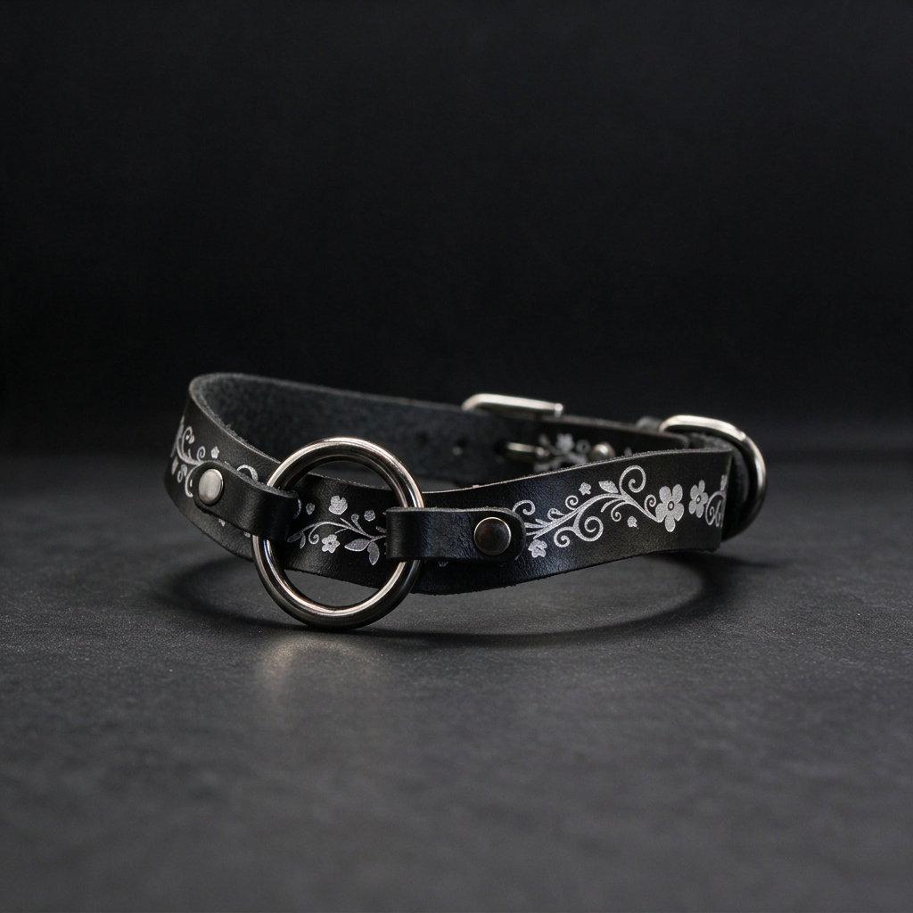A black leather collar with a floral design and metal rings on the ends.