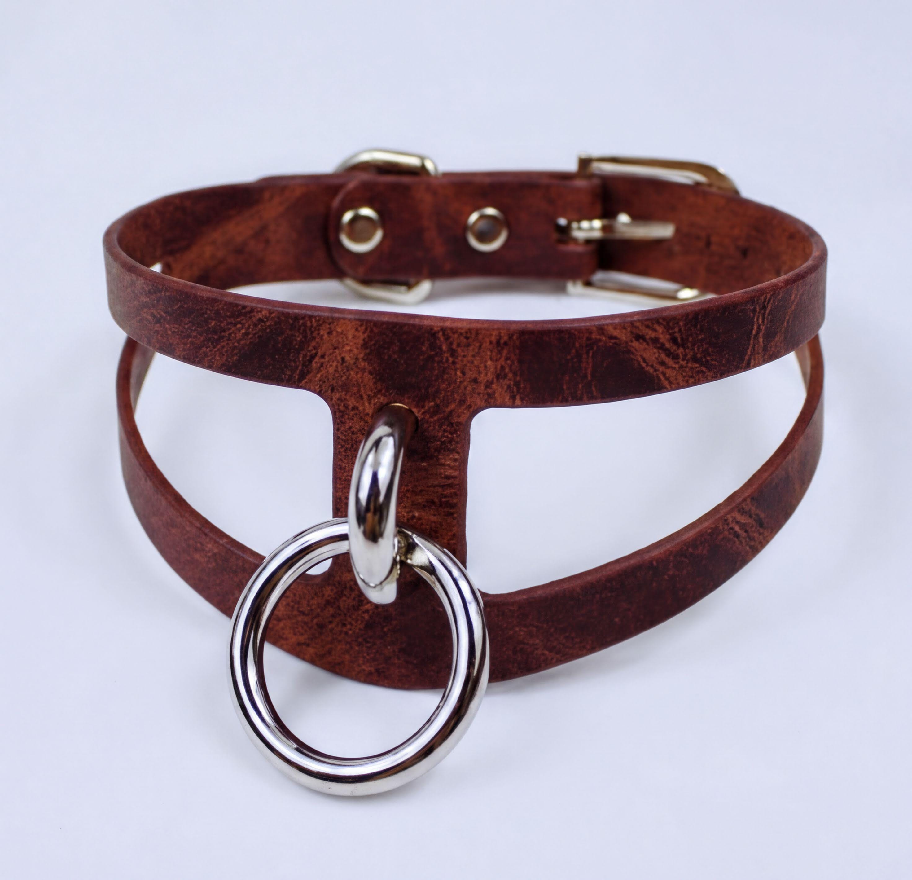 A brown leather choker necklace with a metal ring and buckle.