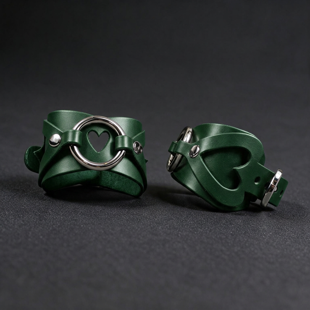 Two green leather cuffs with heart-shaped cutouts are displayed against a dark background.