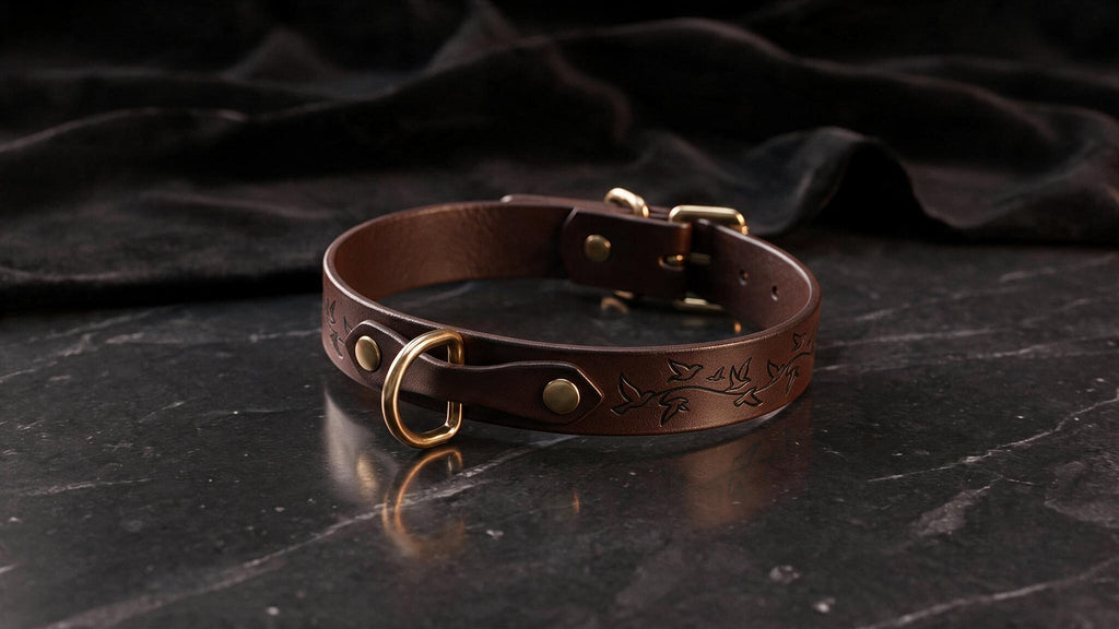 A brown leather collar with a metal buckle and a floral design on the strap is displayed on a dark surface.