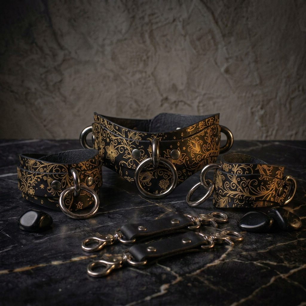 A set of ornate, black leather straps with gold floral patterns, arranged on a dark surface.
