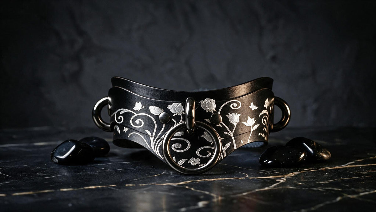 A black and silver ornate collar with floral designs and a circular clasp, placed on a dark surface with black stones or crystals around it.
