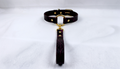 A dark purple leather collar with a gold-colored buckle and a long strap attached to it, resting on a white surface.