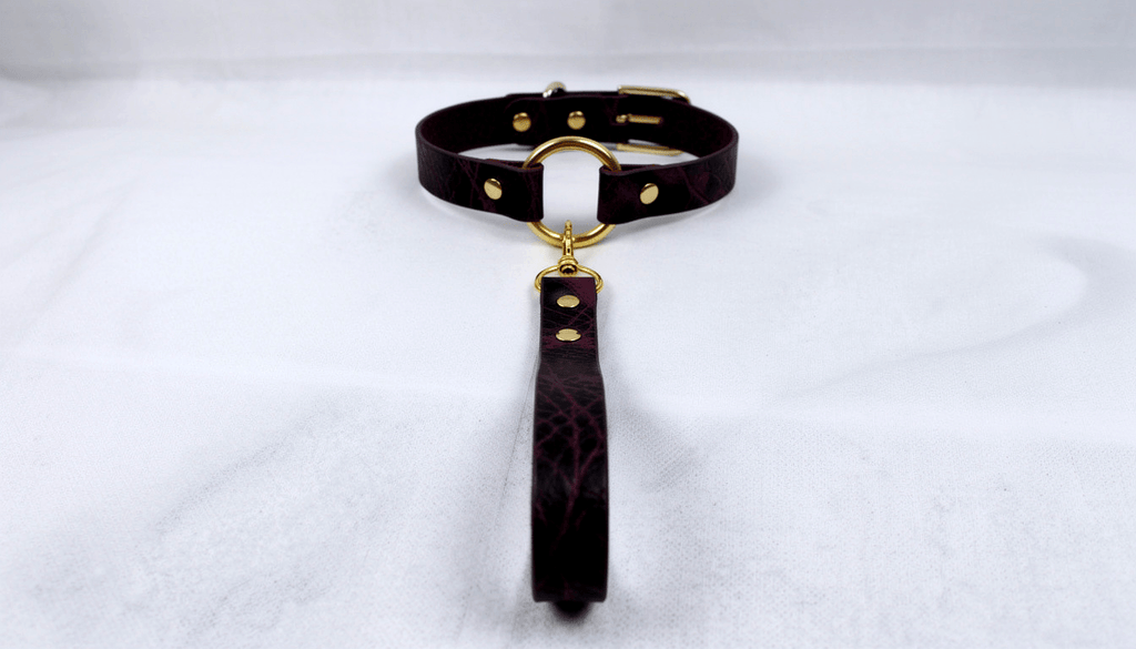 A dark purple leather collar with a gold-colored buckle and a long strap attached to it, resting on a white surface.