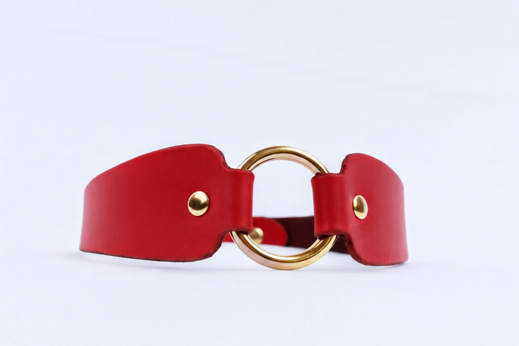 A red leather choker necklace with a gold-colored circular clasp.