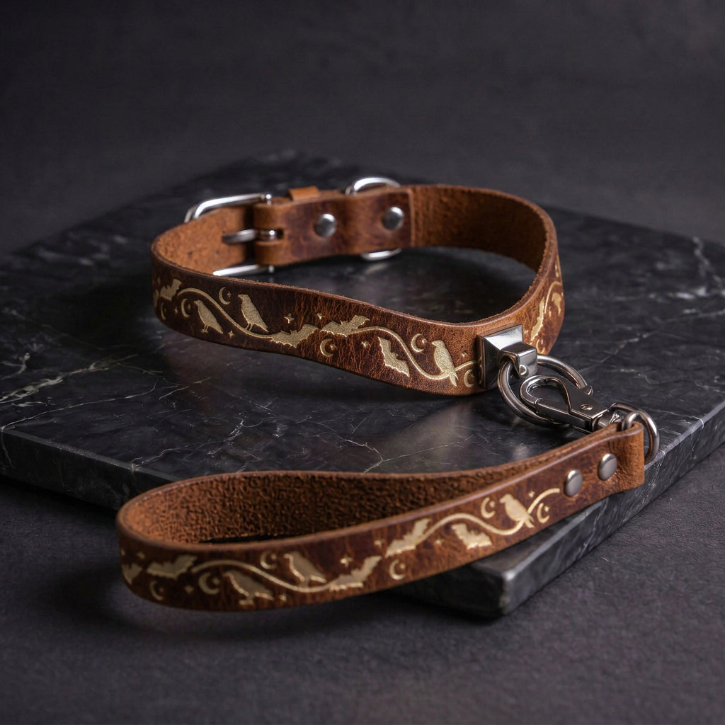 A brown leather dog collar with a decorative pattern and a matching leash is displayed on a black marble surface.