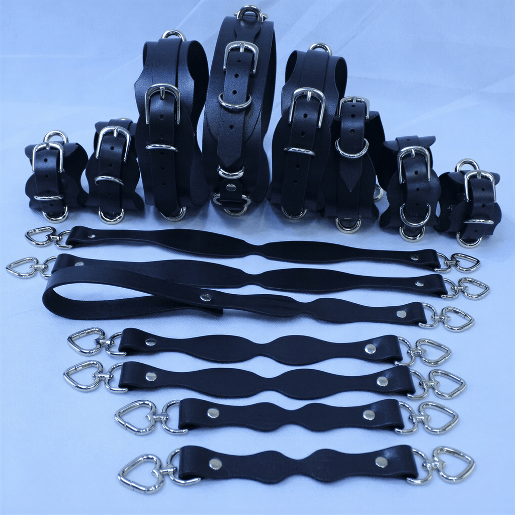 A collection of black leather straps with silver buckles, arranged in rows on a white background.