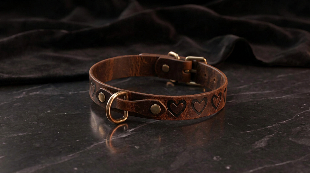 A brown leather collar with heart-shaped studs and a metal ring is displayed on a dark surface.