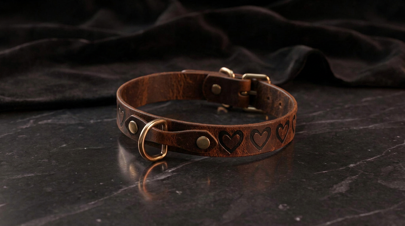 A brown leather collar with heart-shaped studs and a metal ring is displayed on a dark surface.