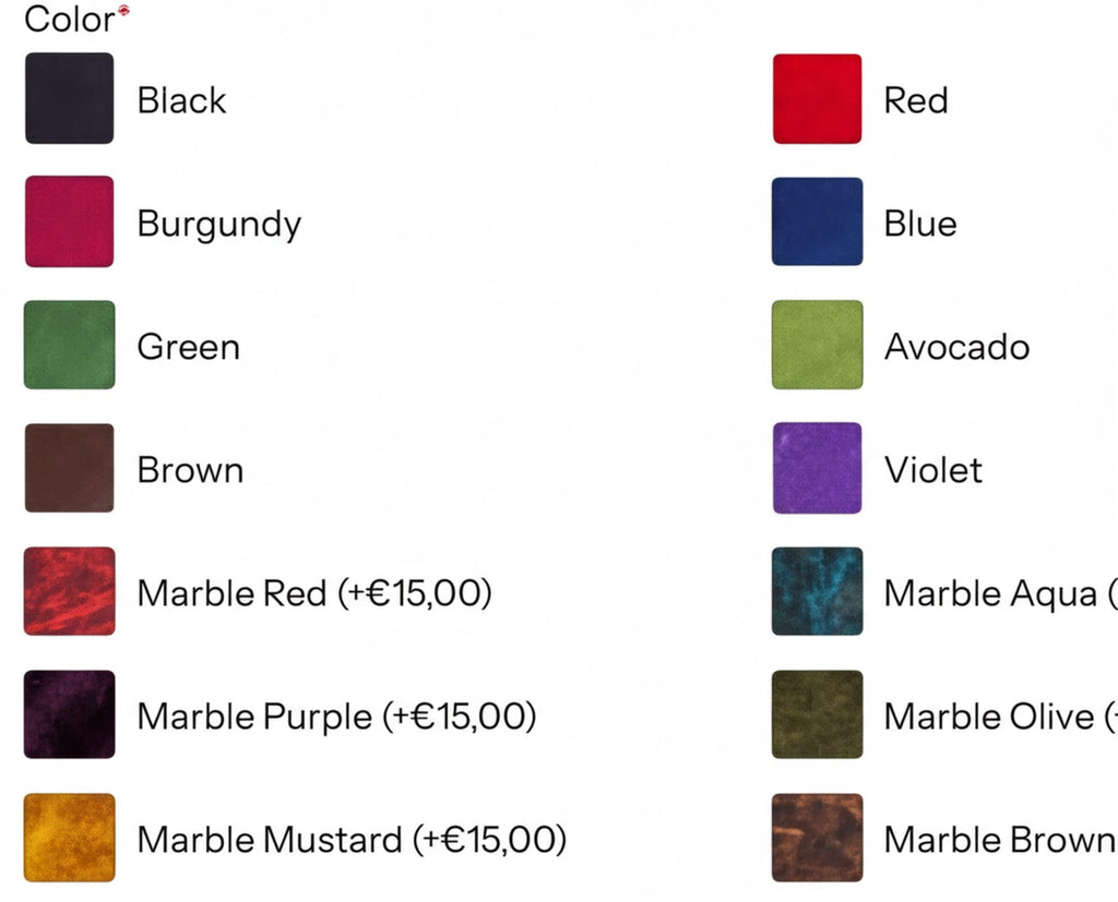 a collection of various colored paints or pigments, each with a price tag, arranged in two columns. The paints include black, burgundy, green, brown, avocado, purple, blue, and olive. The image also includes a list of colors and their corresponding prices, such as marble red, marble purple, marble mustard, and marble brown.